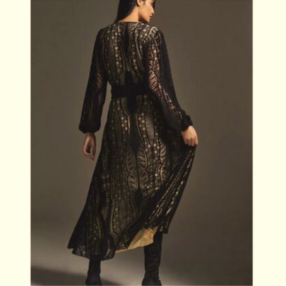 Farm Rio Anthropologie Medium Devore Fringed Maxi Dress Crochet Lace Black - Picture 3 of 15